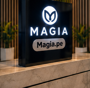 Letrero luminoso MAGIA.pe fabricado por Acrílica del Perú